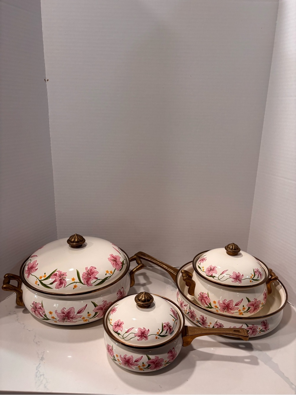 Vintage 1970’s Normandy Pink Lily Enamelware Brass Handles and Rim